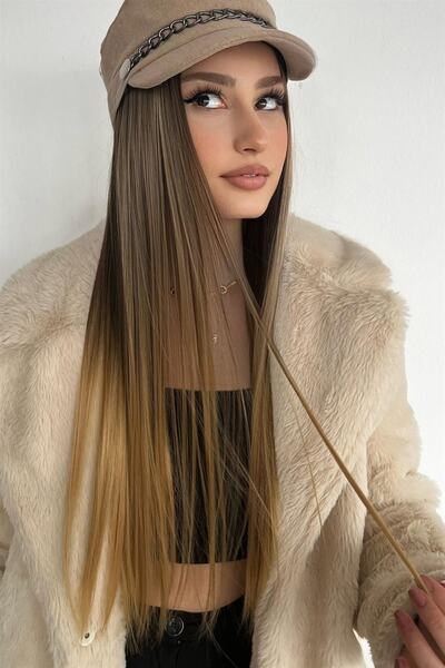 TAKIŞTIR Ανθεκτικό στη θερμότητα Half Moon Hair Snap / ίσιο / καφέ κίτρινο Ombre / 70cm / 140gr (ht4t27 # )