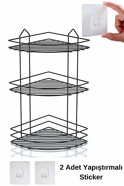 Kitchen Store Adeziv Negru 3 niveluri Suport pentru șampon pentru colț pentru baie Suport pentru colț Raft pentru baie Raft organizator