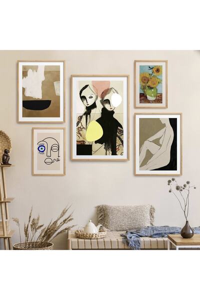 HOMEPACK Doğal Ahşap Çerçeveli 5'li Tablo Seti Beşli-023
