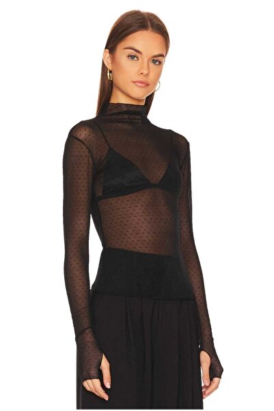 charango Kadın Balıkçı Yaka Bodycon Parmak Geçmeli Likralı Puantiye Tüllü Tar...