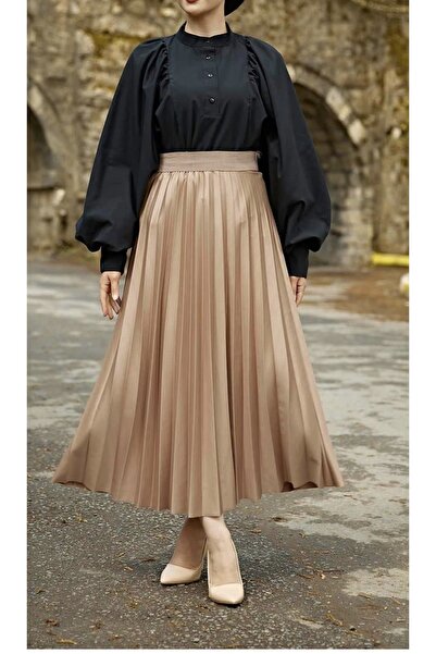 uczmoda aspect de piele Fusta lungă plisată cu talie elastică, fără căptușeală