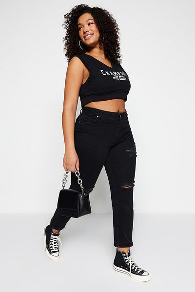 Trendyol Curve Black Split Detailed High Waist Skinny Jeans TBBSS22JE0187