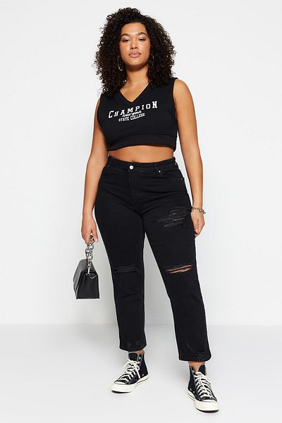 Trendyol Curve Black Split Detailed High Waist Skinny Jeans TBBSS22JE0187