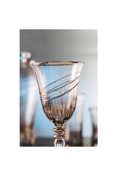 KCD Seremoni Smoked Cut Hand Decor Gilded Patterned Glass 6 Pieces Glasses with Stand