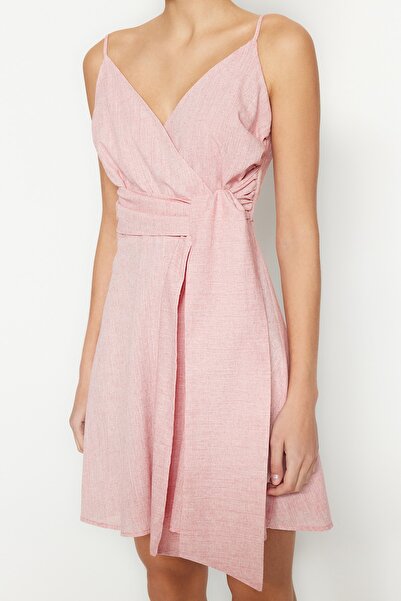 Trendyol Collection A-vonalú mini duplasoros gallér - narancssárga öves vászonruha TWOSS19XN0008