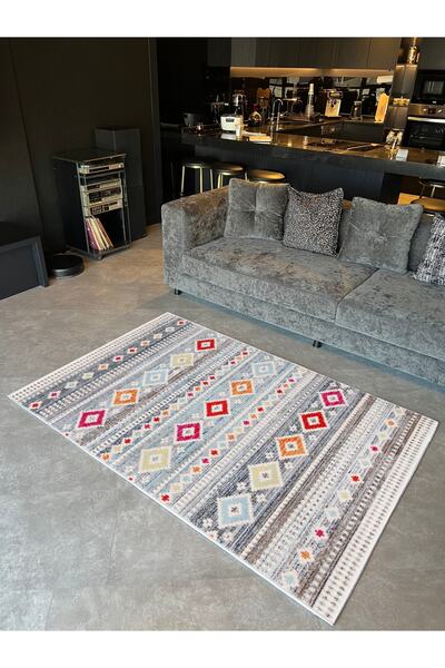 Rugs Modern Halı Χαλί με υφαντή βάση Mira 1089 σε γκρι χρώμα με πολύχρωμα έθν...
