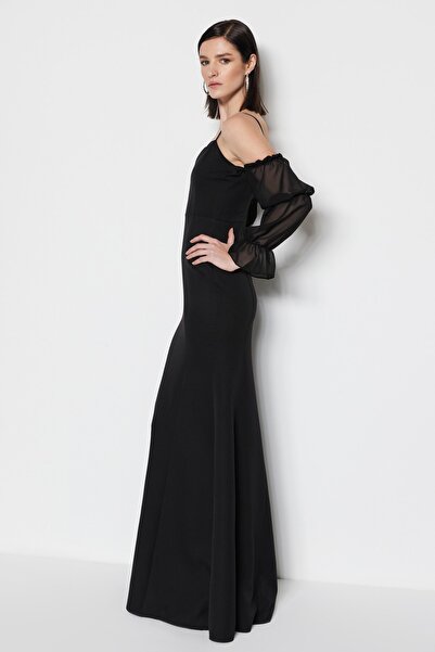 Trendyol Collection Μαύρο βραδινό υφαντό μακρύ φόρεμα με σώμα TPRSS23AE00092