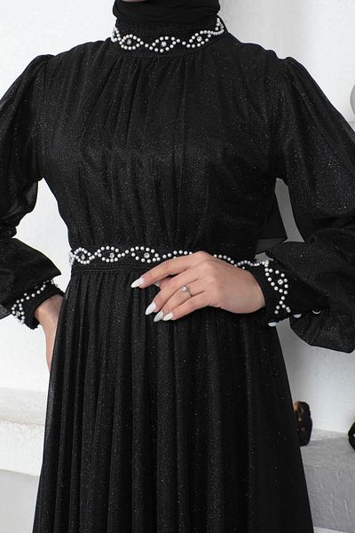 Modamihram Perlendetailliertes Glitzer-Abendkleid Schwarz 19004
