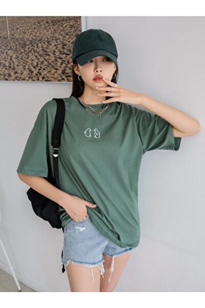 MOONBULL Μπλουζάκι Oversize Green Penguin Printed