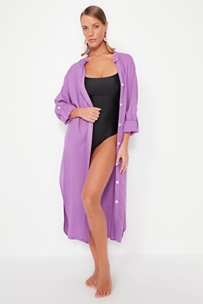 Trendyol Collection TBESS21EL3318 Model Fioletowa Sukienka Plażowa Midi Tkana