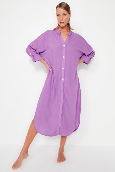 Trendyol Collection TBESS21EL3318 Model Fioletowa Sukienka Plażowa Midi Tkana