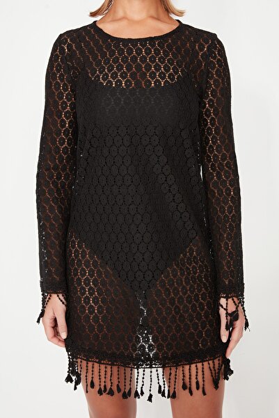 Trendyol Collection Černé mini pletené střapcové plážové šaty TBESS23EL00170