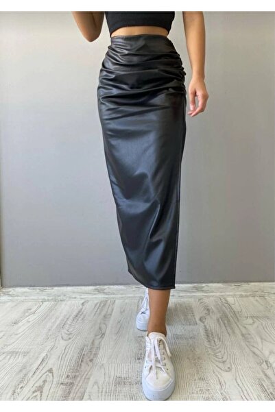 GALAVİP Siyah Yandan Büzgü Detaylı Yırtmaçlı Deri Etek