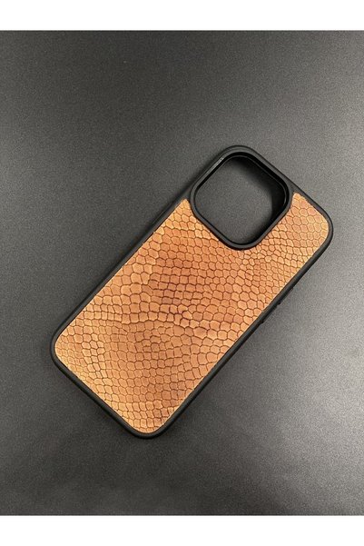 MAT Deri iPhone 14 Pro Case Tan Patterned Genuine Leather Fully Compatible Phone Case