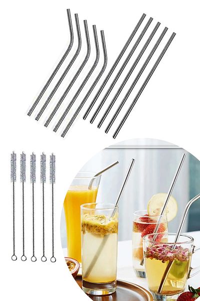 Sekiz8 10 Stainless Metal Straws & 5 Cleaning Brushes