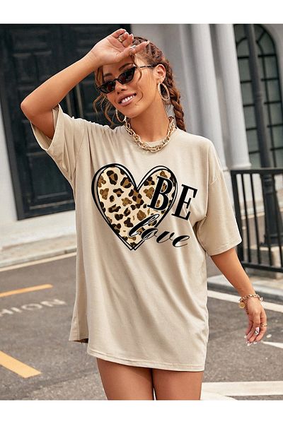 Machetta Μπλουζάκι μεγάλου μεγέθους Leopard Heart Patterned Be Love Printed Oversize