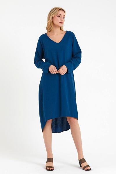 Denismoda Λινό φόρεμα με μακριά μανίκια και λαιμόκοψη V
