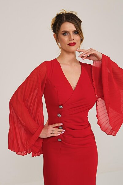 SpringStore Kırmızı Kolları Piliseli Düğmeli Abiye Elbise