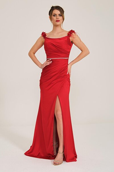 SpringStore Kırmızı Yakası Çiçekli Saten Abiye Elbise