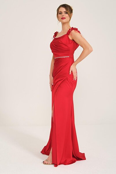 SpringStore Kırmızı Yakası Çiçekli Saten Abiye Elbise