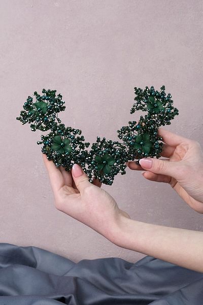 Hobigram Green Sinay Model Flower Motif Henna Νυφικό Στέμμα και Αξεσουάρ τουρμπάνι - Στέμμα, Κρυστάλλινη Πέτρα, Κομψό Μοντέλο