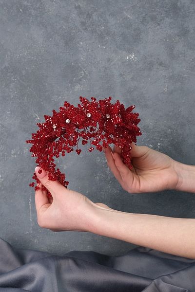 Hobigram Coroană de mireasă și henna cu model de flori cu mărgele simplu burgundy – Coroană, piatră de cristal, model elegant, coroană de mireasă –