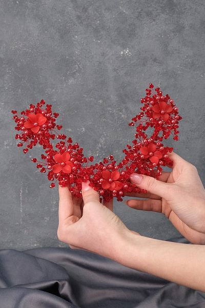 Hobigram Model Sinay roșu Motiv floral Henna Coroană de mireasă și accesoriu turban – Coroană, piatră de cristal – Coroană –