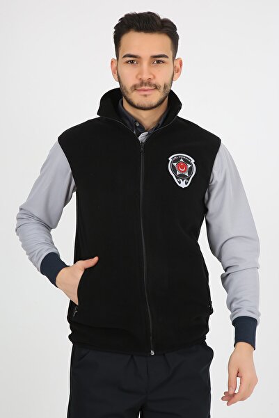 ModaCanel Güvenlik Nakışlı Armalı Siyah Polar Yelek