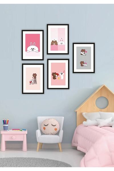 TRENDPOSTER 5 Parça Sevimli Ayıcık Çocuk Odası Duvarı Ev Dekor Ahşap Arkası Y...