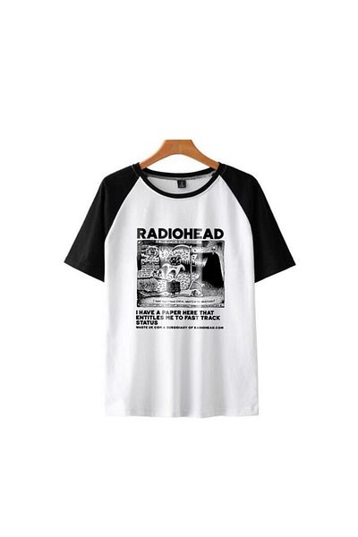 Touz Tricou supradimensionat unisex alb cu mâneci raglan cu imprimeu Radiohead
