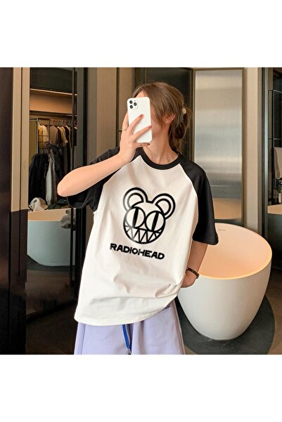 Touz Radiohead Face Printed Raglan Sleeve White Unisex Oversize T-shirt