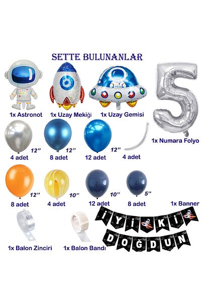 Patladı Gitti Space Themed Birthday Set Age 5; 4 Foil, 60 Latex Balloons, Banner, Balloon Chain, Balloon Tape