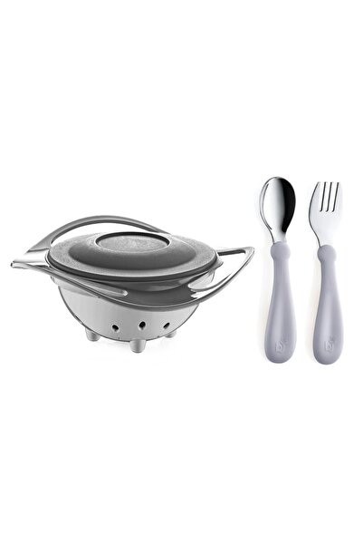 Babyjem Dökülmeyen Tabak & Çelik Çatal Kaşık Takımı Gri