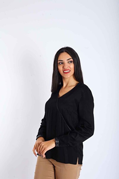 Blues Outlet Δερμάτινη μπλούζα με V λαιμόκοψη - Γυναικεία, Μαύρη