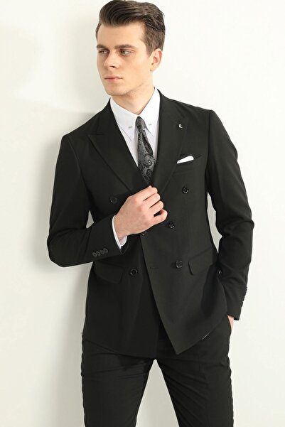 Fc Plus Siyah Düz Likralı Kruvaze Erkek Takım Elbise - Slım Fıt