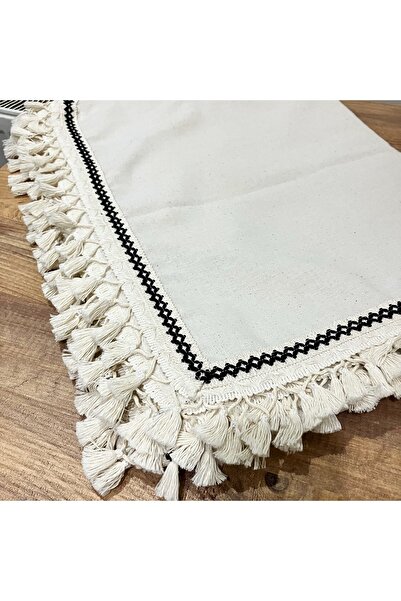 NDC HOME Organic Raw Linen Cream Black Stripe Detailed Pompom Tablecloth