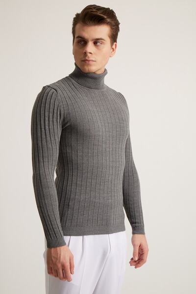 Fc Plus Füme Fitilli Tam Boğazlı Pamuk Karışım Erkek Triko - Extra Slim Fit