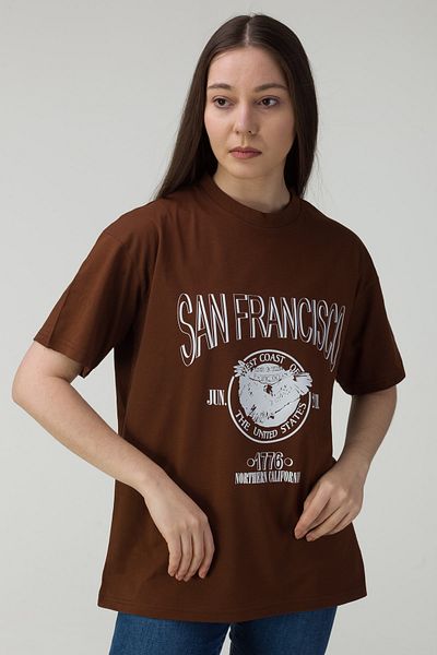 MODAGEN Γυναικείο μπλουζάκι Oversize Cotton Brown San Francisco Printed