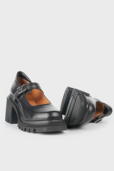 TUNAELLİ Women's Black Genuine Leather Banded Heeled Shoes
