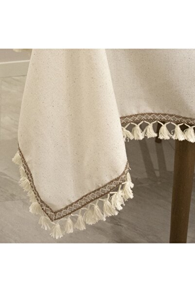 NDC HOME Raw Linen Organic Cream Brown Striped Pompom Tablecloth