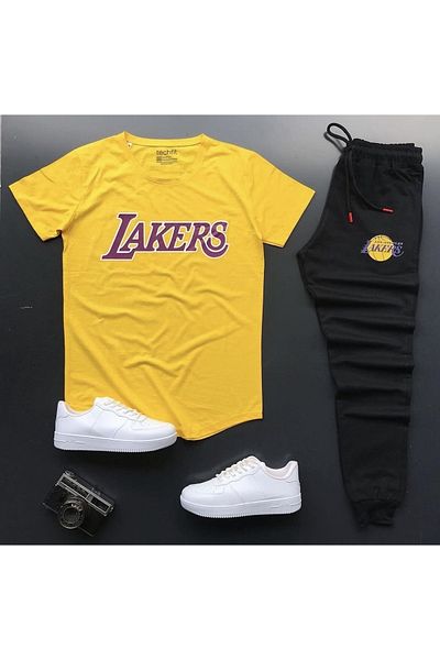 NewCabin New Season Unisex Lkrs Printed Yellow Oval Cut T-Shirt - Summer Black Tracksuit 2-Piece Set