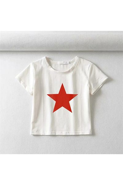 Touz Artex White Crop - Red Star Printed