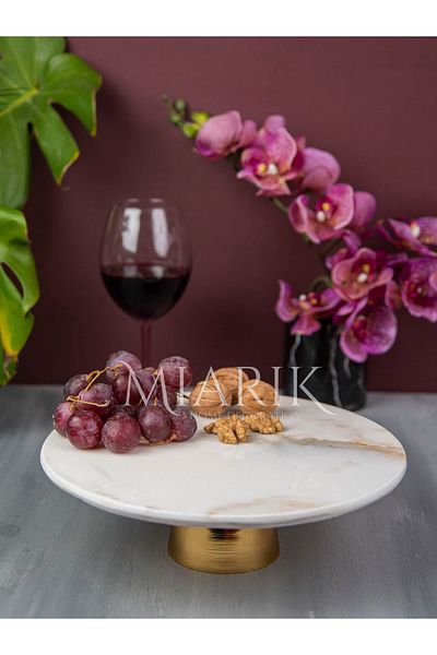 MIARIK DESIGN & DEKORASYON Decorative White Marble Brass Gold Footed Presentation Plate