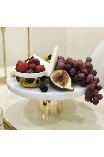 MIARIK DESIGN & DEKORASYON Decorative White Marble Brass Gold Footed Presentation Plate