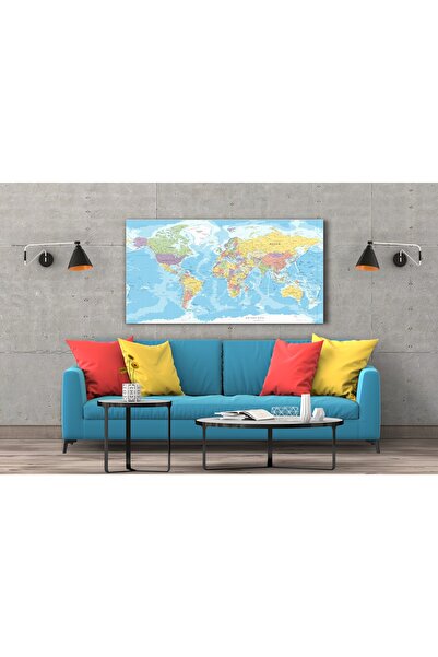 MapofX Tek Parça Detaylı Kanvas Dünya Haritası - Coğrafya Öğrenme Aracı - Mavi Temalı 90x55cm