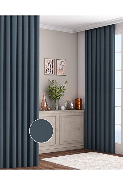 Altındaş Tekstil Keten Fon Perde Ekstrafor Büzgülü (PİLESİZ) Tek Kanat Indigo...