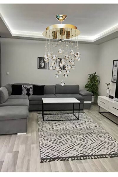 öalpa Yağmur Yuvarlak 3'lü Sarı Paslanmaz Çelik Kristal Taşlı Avize