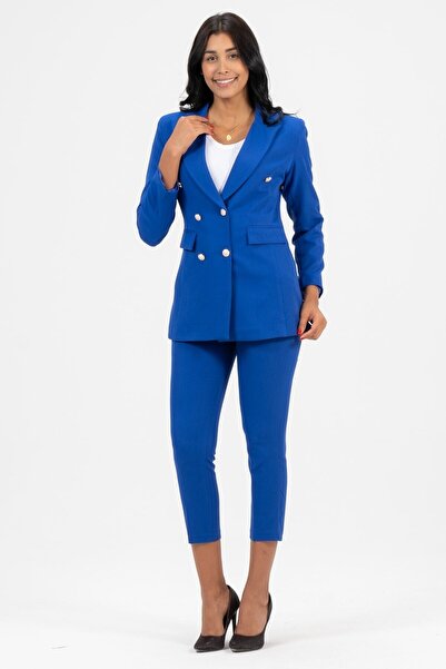 diaves Kadın Blazer Ceket Kemerli Cepli Boru Paça Pantolon Takım