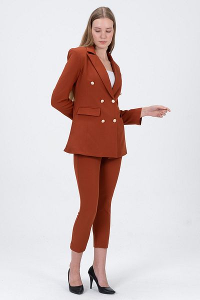 diaves Women's Tile Blazer Jacket Belted Pocket Pipe Leg Trousers Set