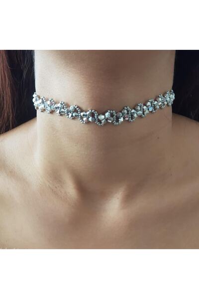 Handmade By HLY Handmade Crystal Stone Detailed Silver Color Choker
